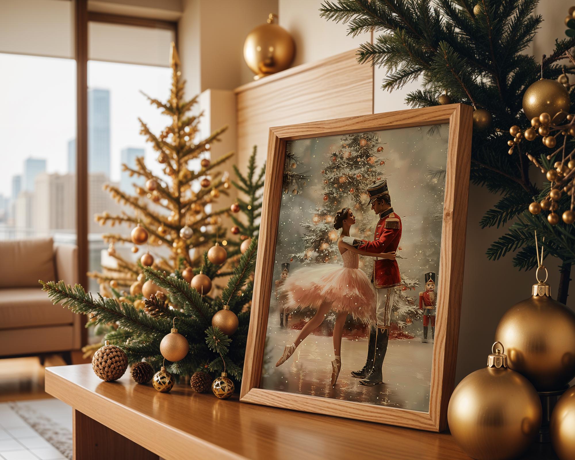 Nutcracker Ballet Christmas Wall Art, Ballerina and Soldier Dance Print, Festive Holiday Home Decor, Elegant Xmas Poster for Living Room