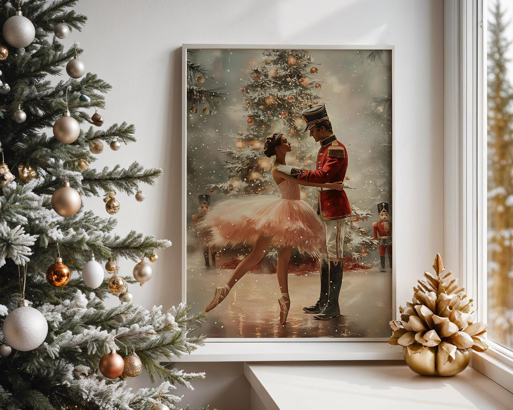 Nutcracker Ballet Christmas Wall Art, Ballerina and Soldier Dance Print, Festive Holiday Home Decor, Elegant Xmas Poster for Living Room