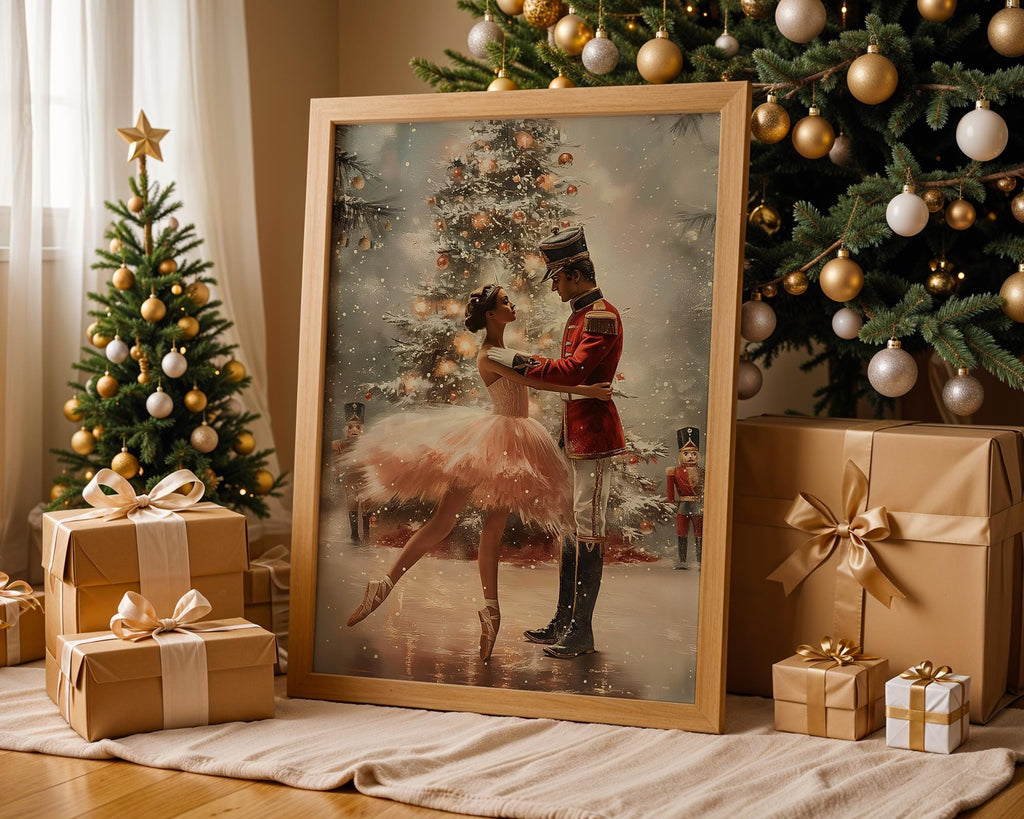 Nutcracker Ballet Christmas Wall Art, Ballerina and Soldier Dance Print, Festive Holiday Home Decor, Elegant Xmas Poster for Living Room