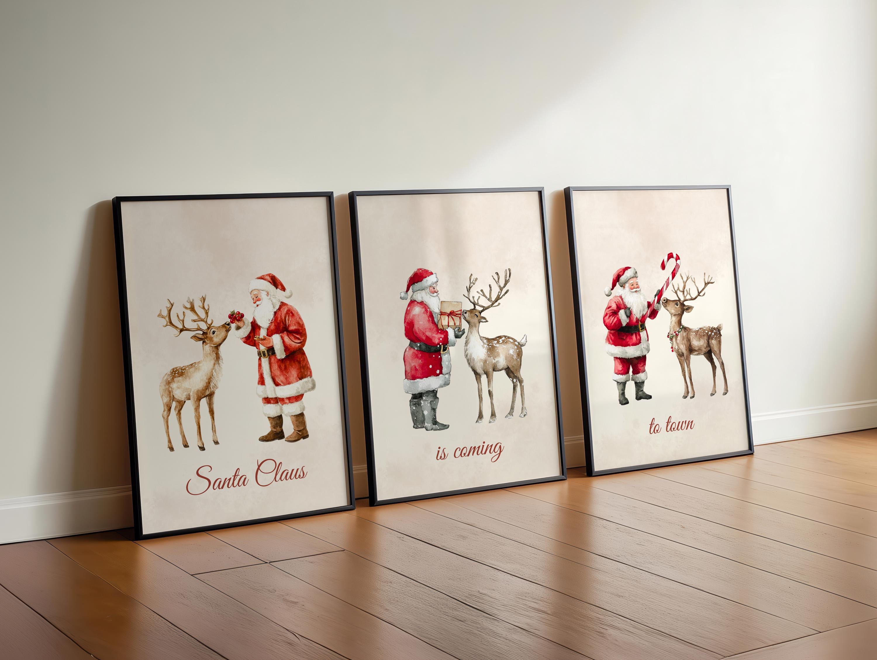 Set of 3 Christmas Prints Christmas Santa Claus with a Deer Print Xmas Printable Home Decor Christmas decorations Christmas Wall Art DIGITAL