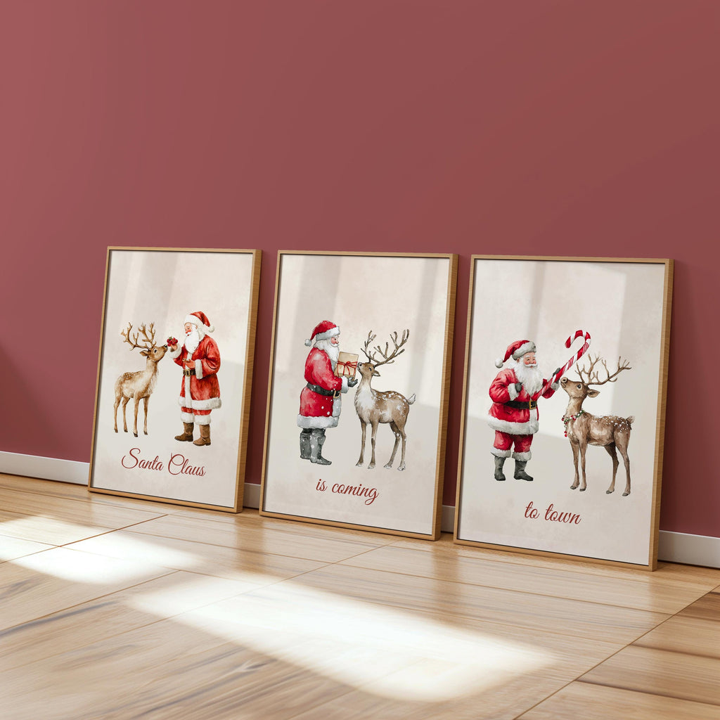 Set of 3 Christmas Prints Christmas Santa Claus with a Deer Print Xmas Printable Home Decor Christmas decorations Christmas Wall Art DIGITAL