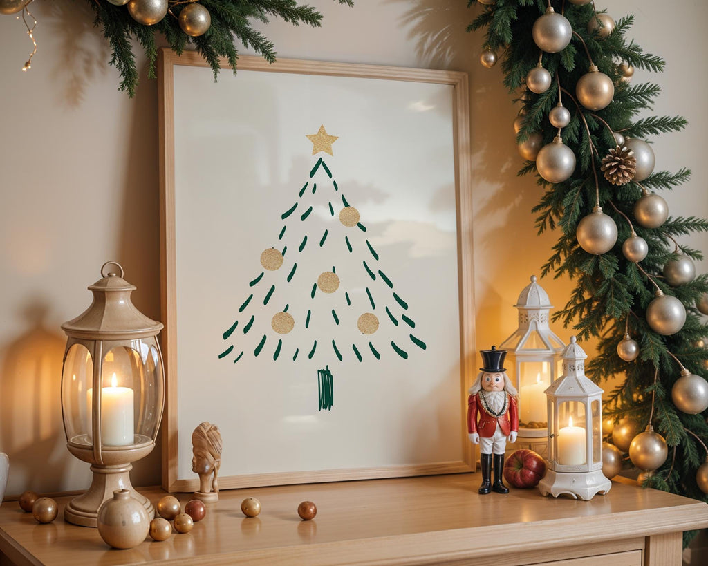 Minimalist Christmas Tree Wall Art, Neutral Holiday Print, Hand Drawn Winter Tree Poster, Modern Christmas Decor, Festive Digital Download