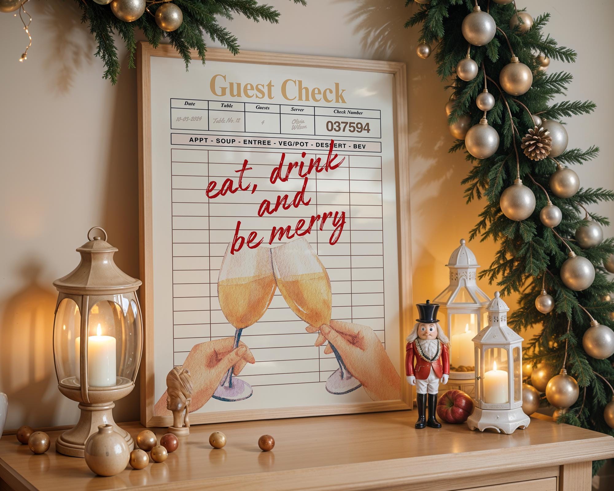 Trendy Christmas Guest Check Print, Eat Drink and Be Merry Holiday Bar Cart Decor, Retro Cheers Guest Check Print Bar Cart Poster, DIGITAL