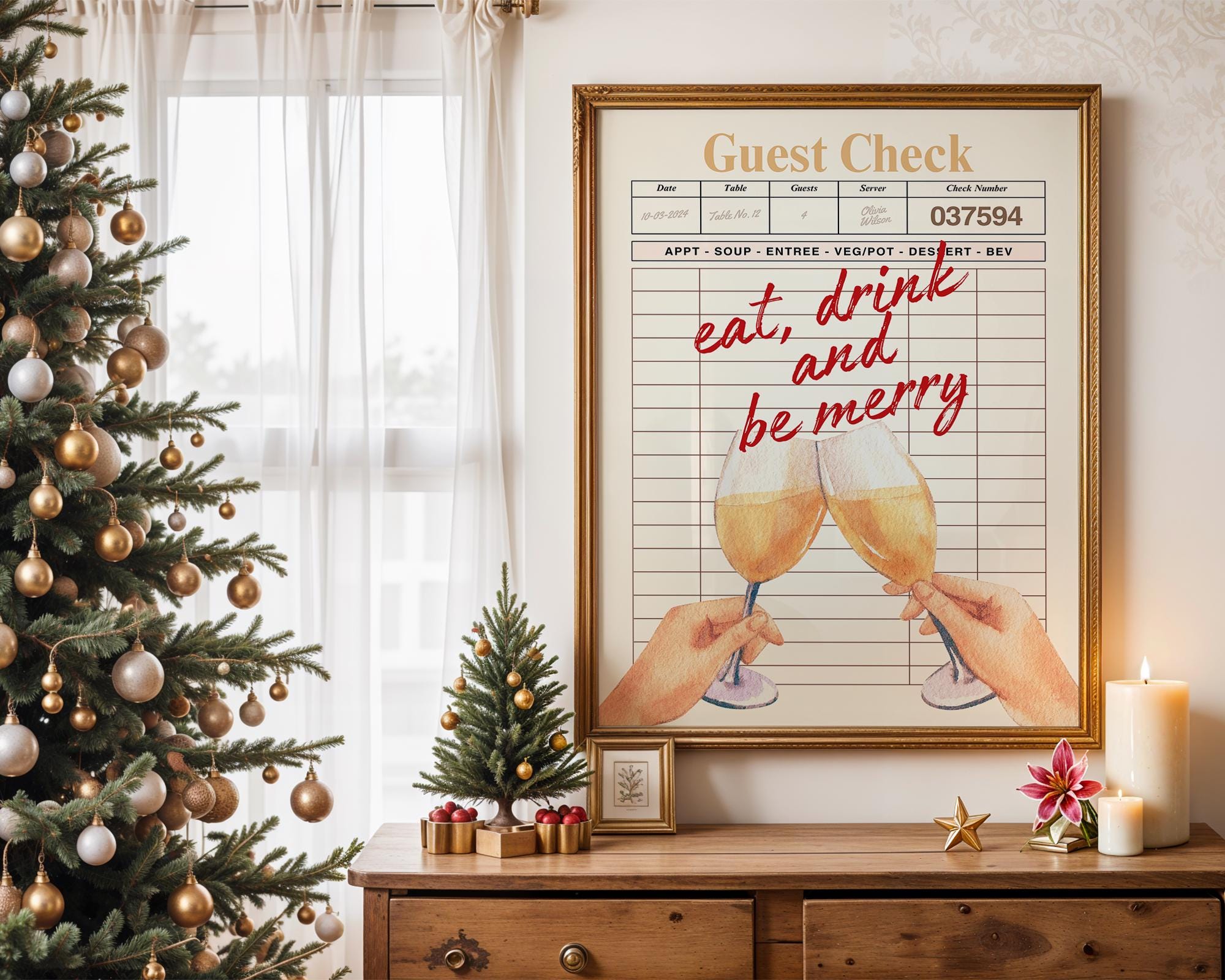 Trendy Christmas Guest Check Print, Eat Drink and Be Merry Holiday Bar Cart Decor, Retro Cheers Guest Check Print Bar Cart Poster, DIGITAL