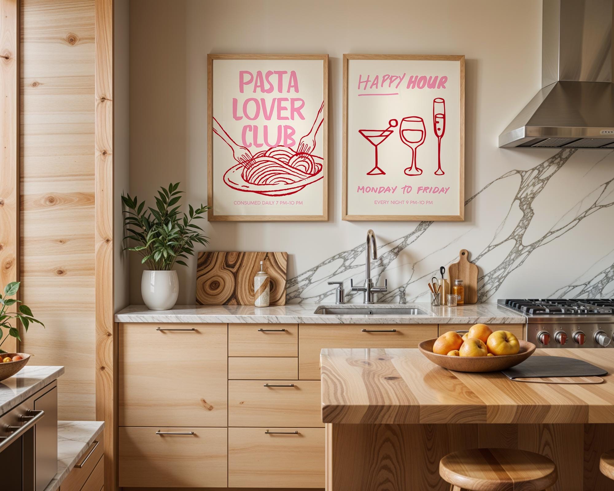 Cin Cin Cheers Wall Art Set of 3 Prints, Pink Happy Hour Cocktail Poster, Pasta Lover Club Italian Food Print, Modern Kitchen Decor DIGITAL