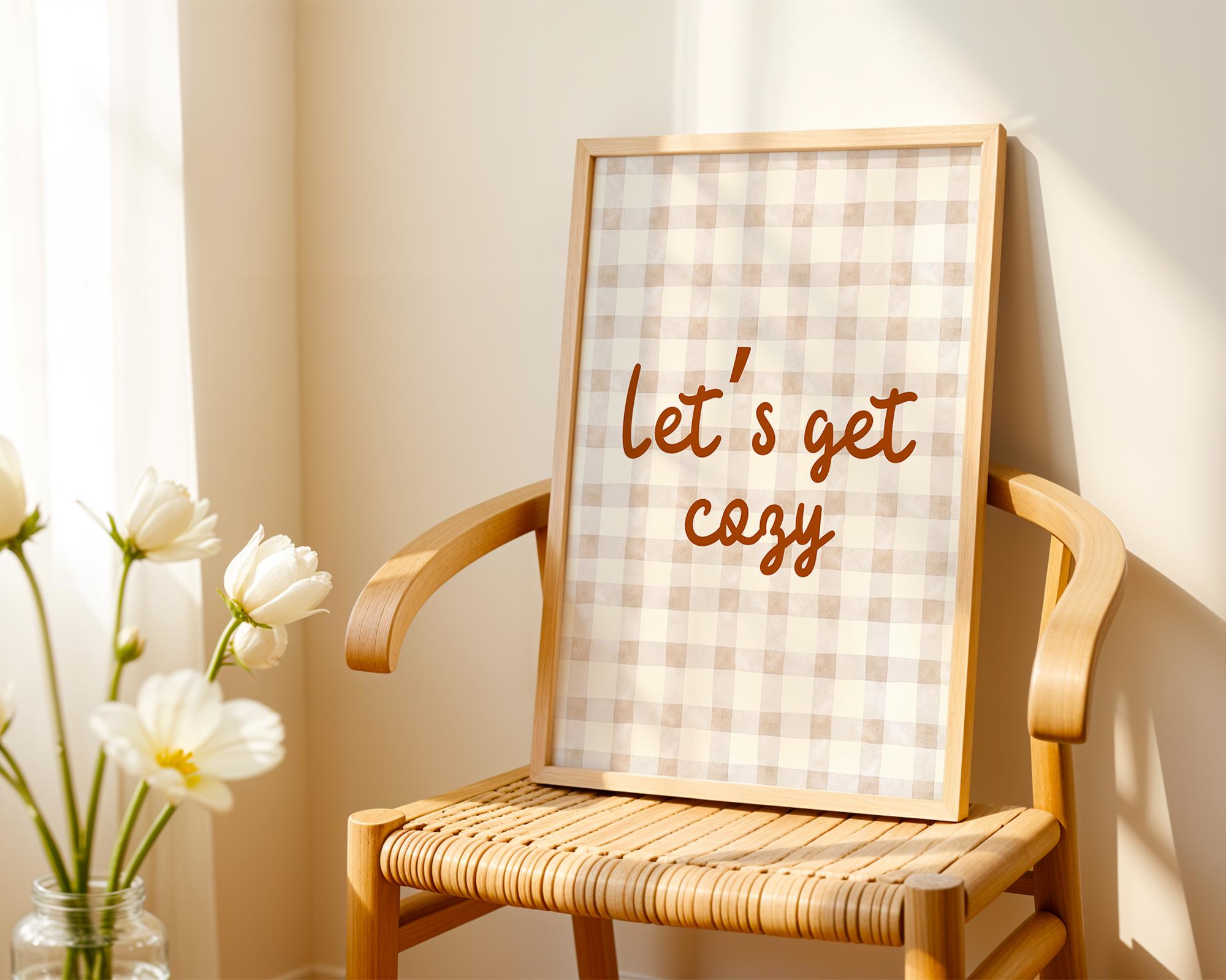 Let‘s Get Cozy Printable, Aesthetic Autumn Print, Brown Gingham Poster, Minimalist Fall Print, Cozy Bedroom Print, Modern Living Room Poster