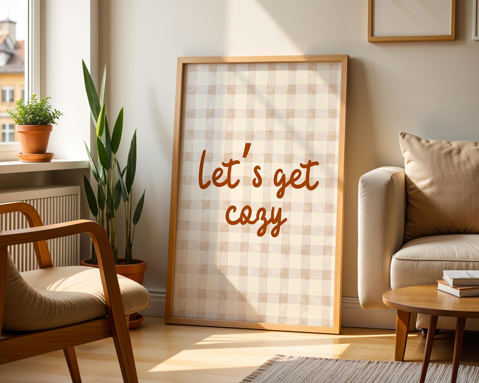 Let‘s Get Cozy Printable, Aesthetic Autumn Print, Brown Gingham Poster, Minimalist Fall Print, Cozy Bedroom Print, Modern Living Room Poster