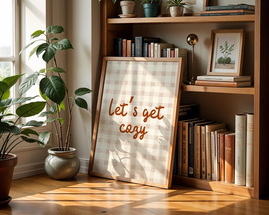Let‘s Get Cozy Printable, Aesthetic Autumn Print, Brown Gingham Poster, Minimalist Fall Print, Cozy Bedroom Print, Modern Living Room Poster