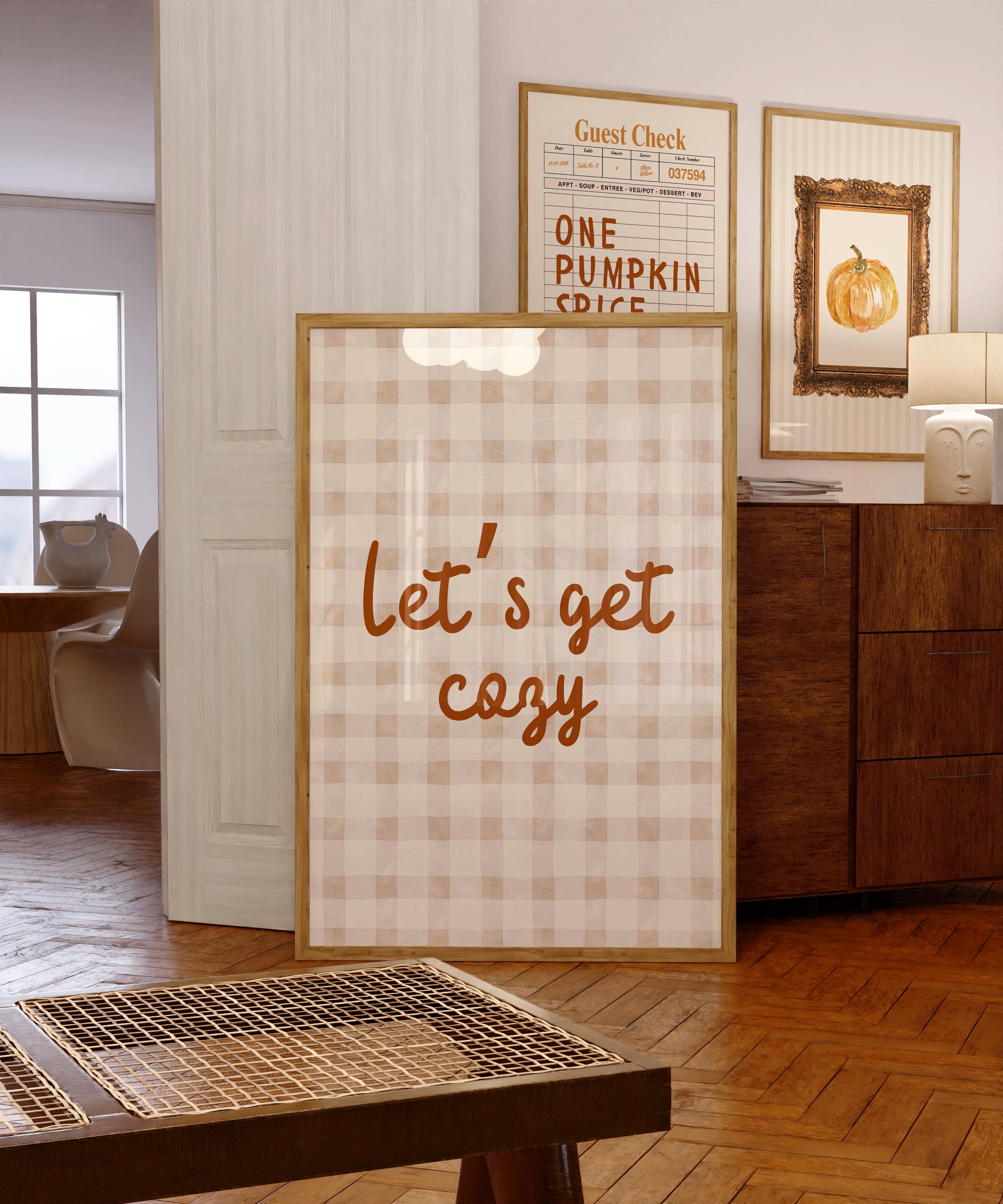 Let‘s Get Cozy Printable, Aesthetic Autumn Print, Brown Gingham Poster, Minimalist Fall Print, Cozy Bedroom Print, Modern Living Room Poster