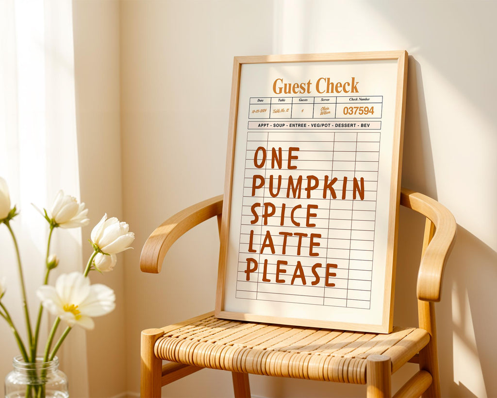 Pumpkin Spice Latte Wall Art, Brown Guest Check Print, Cute Autumn Poster, Halloween Artwork, Cozy Coffee Art for Warm Fall Decor DIGITAL