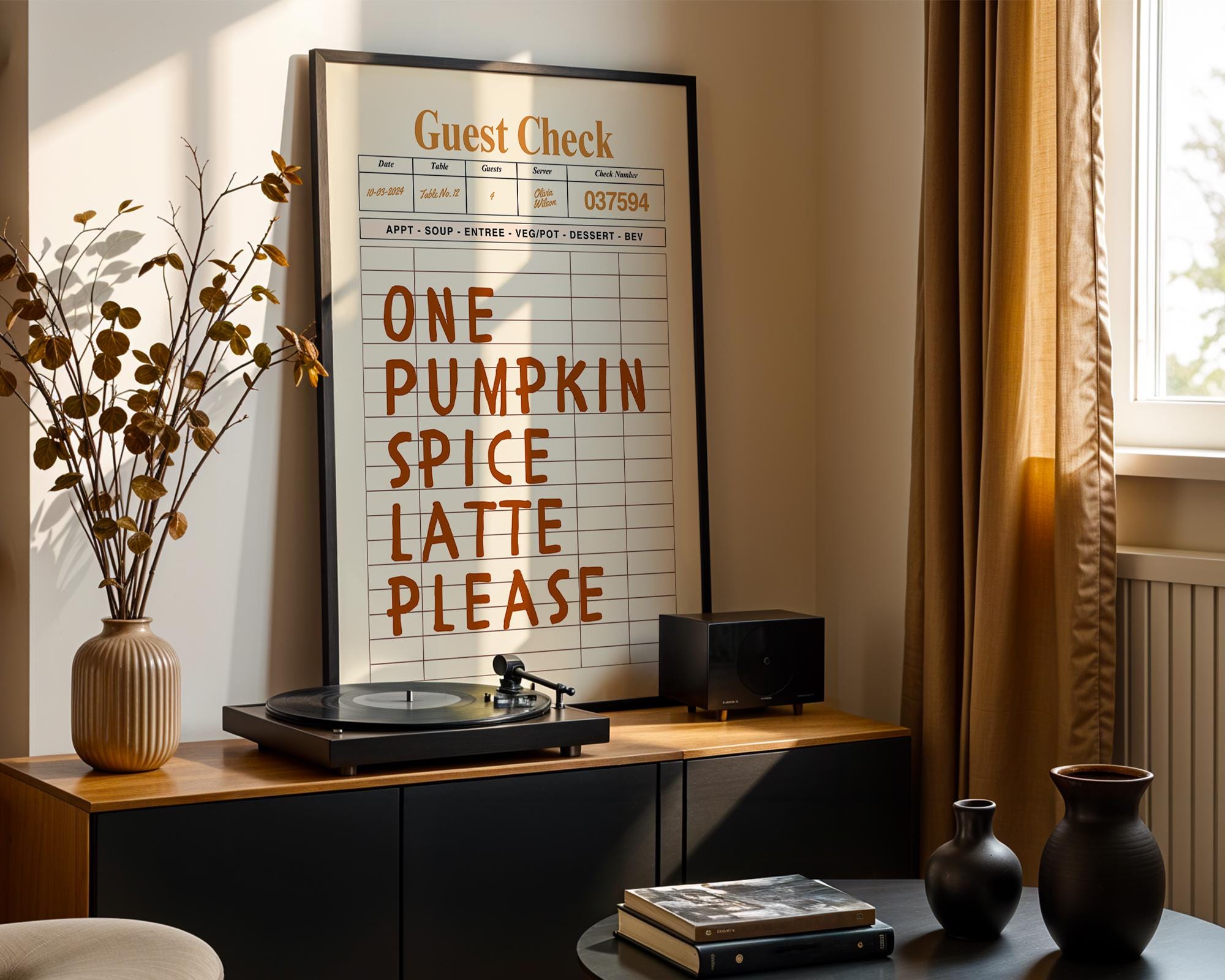Pumpkin Spice Latte Wall Art, Brown Guest Check Print, Cute Autumn Poster, Halloween Artwork, Cozy Coffee Art for Warm Fall Decor DIGITAL