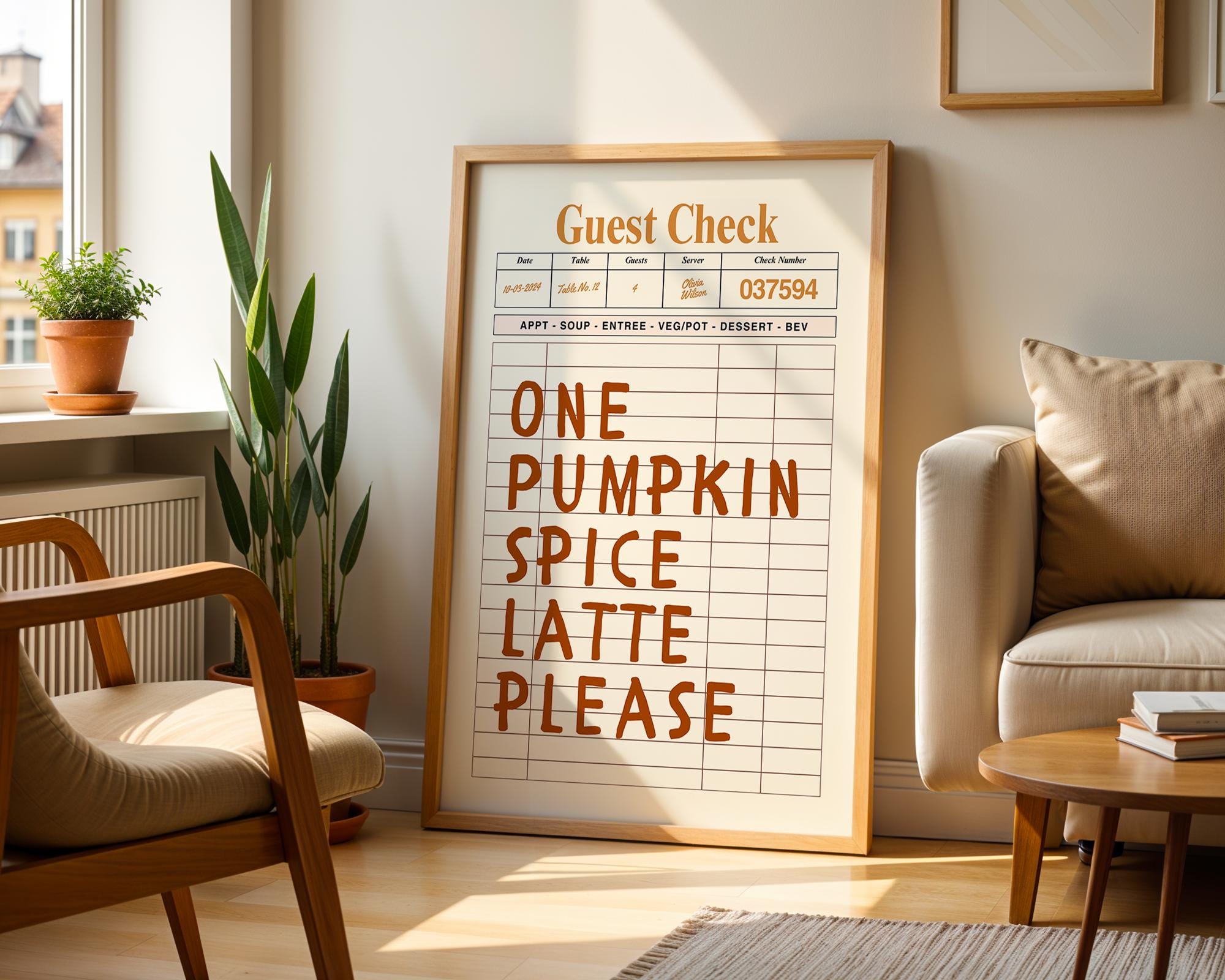 Pumpkin Spice Latte Wall Art, Brown Guest Check Print, Cute Autumn Poster, Halloween Artwork, Cozy Coffee Art for Warm Fall Decor DIGITAL