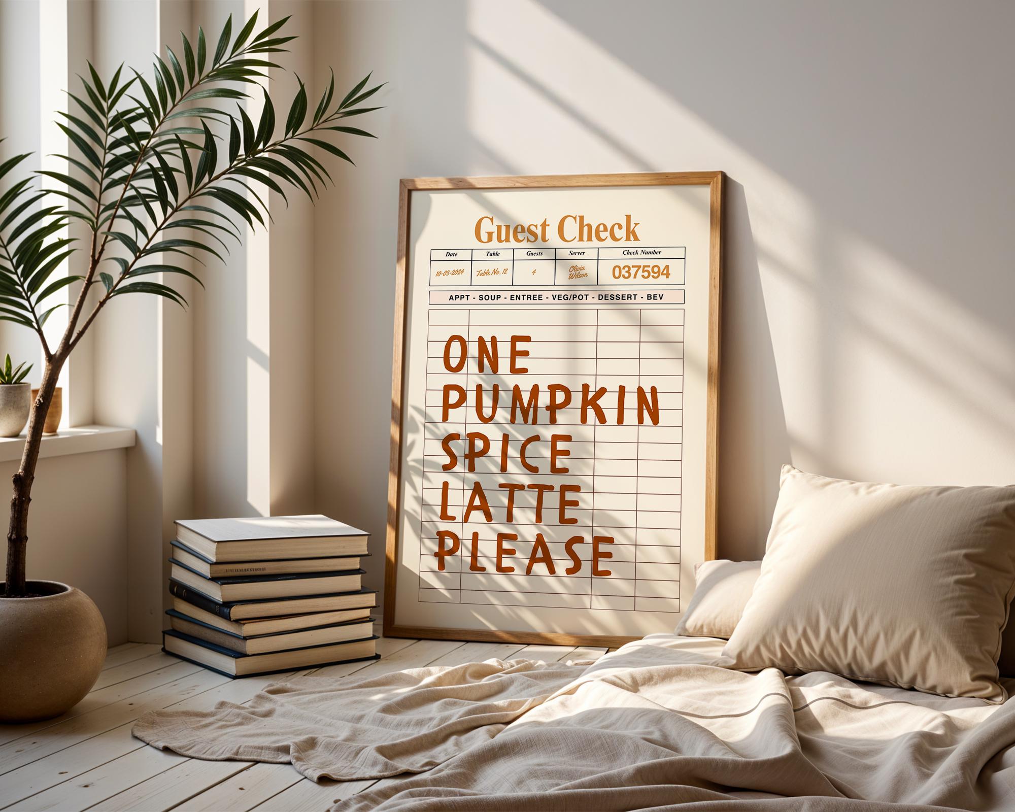 Pumpkin Spice Latte Wall Art, Brown Guest Check Print, Cute Autumn Poster, Halloween Artwork, Cozy Coffee Art for Warm Fall Decor DIGITAL