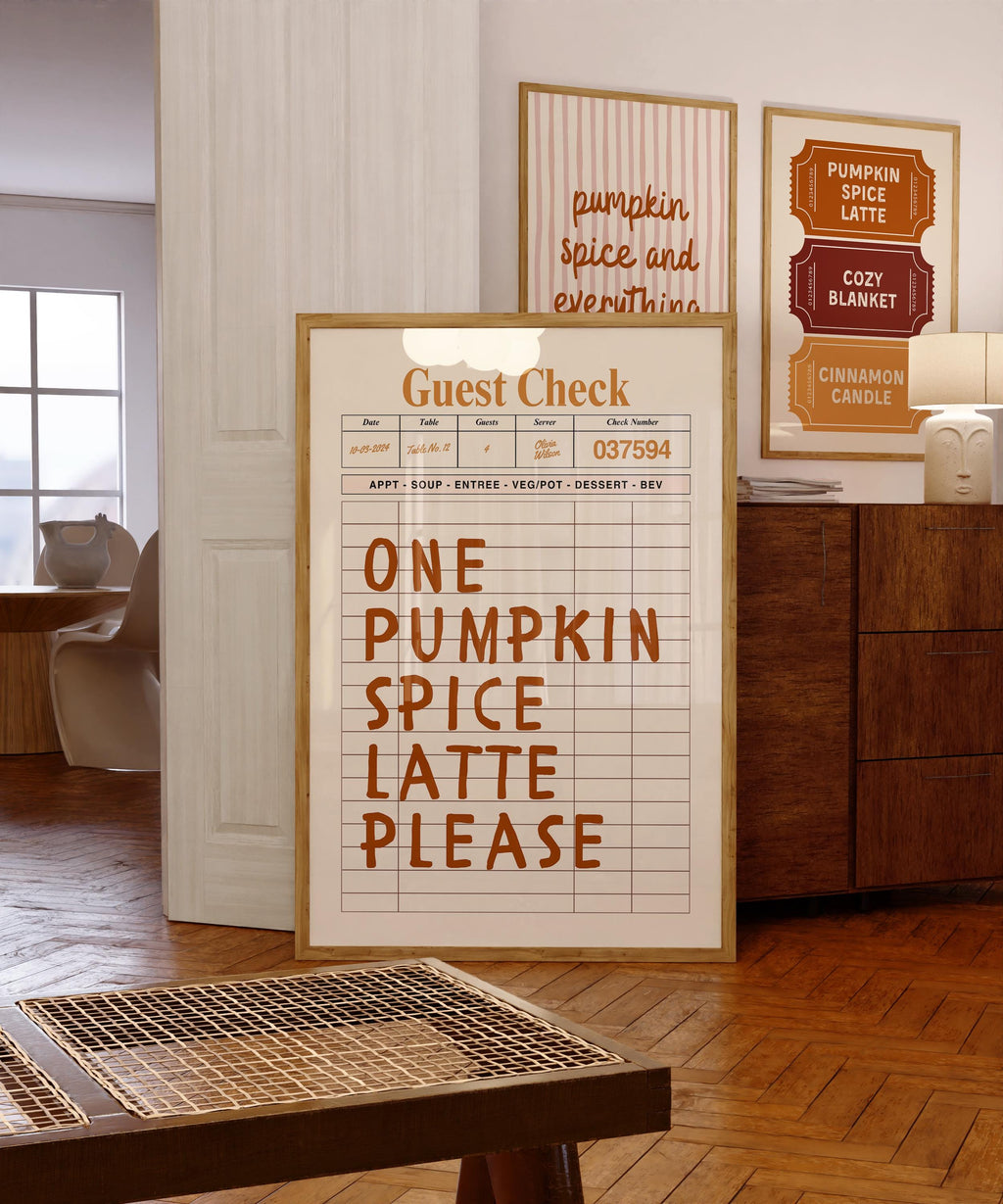 Pumpkin Spice Latte Wall Art, Brown Guest Check Print, Cute Autumn Poster, Halloween Artwork, Cozy Coffee Art for Warm Fall Decor DIGITAL