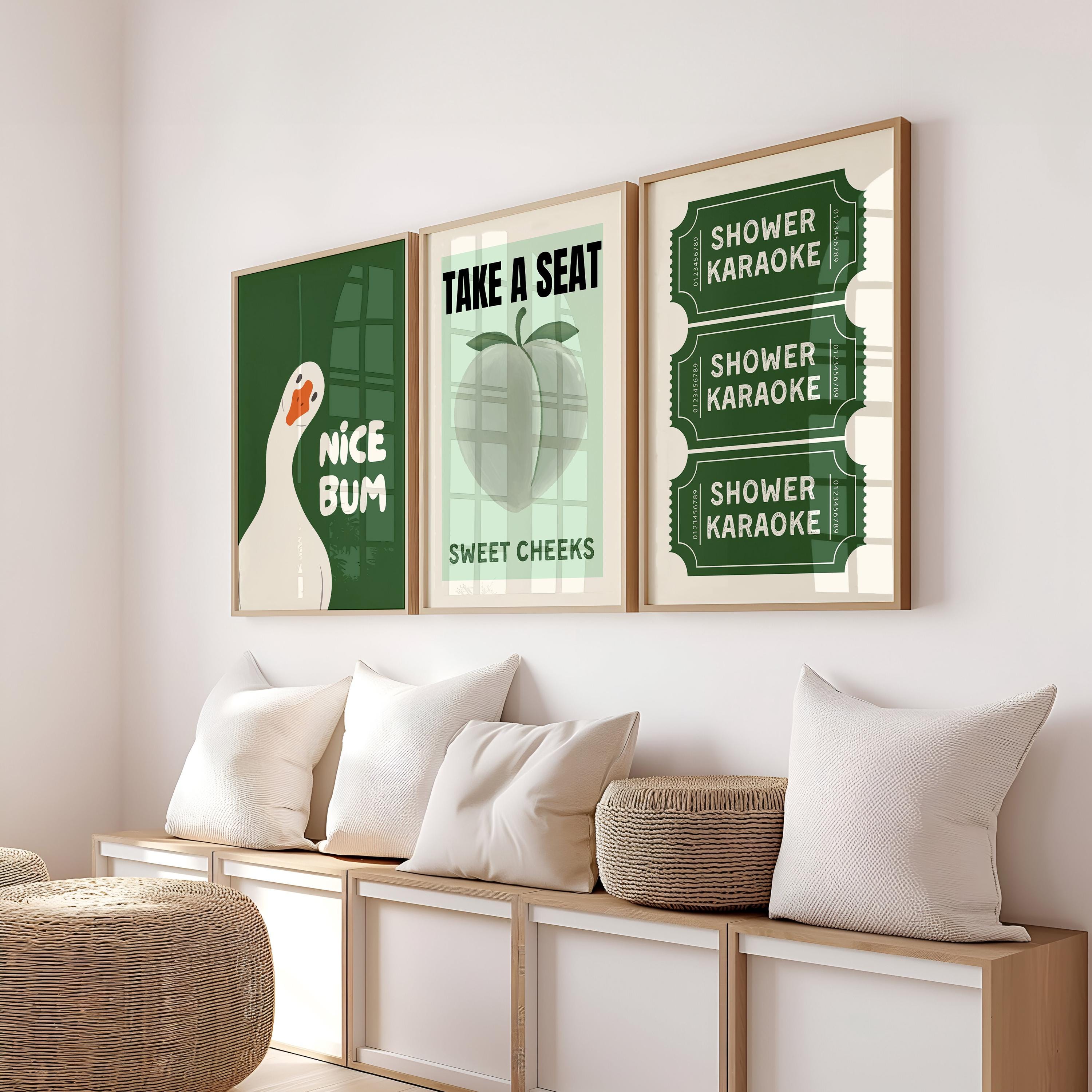 Funny Bathroom Wall Art Set of 3, Nice Bum Goose Print, Take a Seat Peach Poster, Shower Karaoke Tickets, Quirky Toilet Decor, DIGITAL