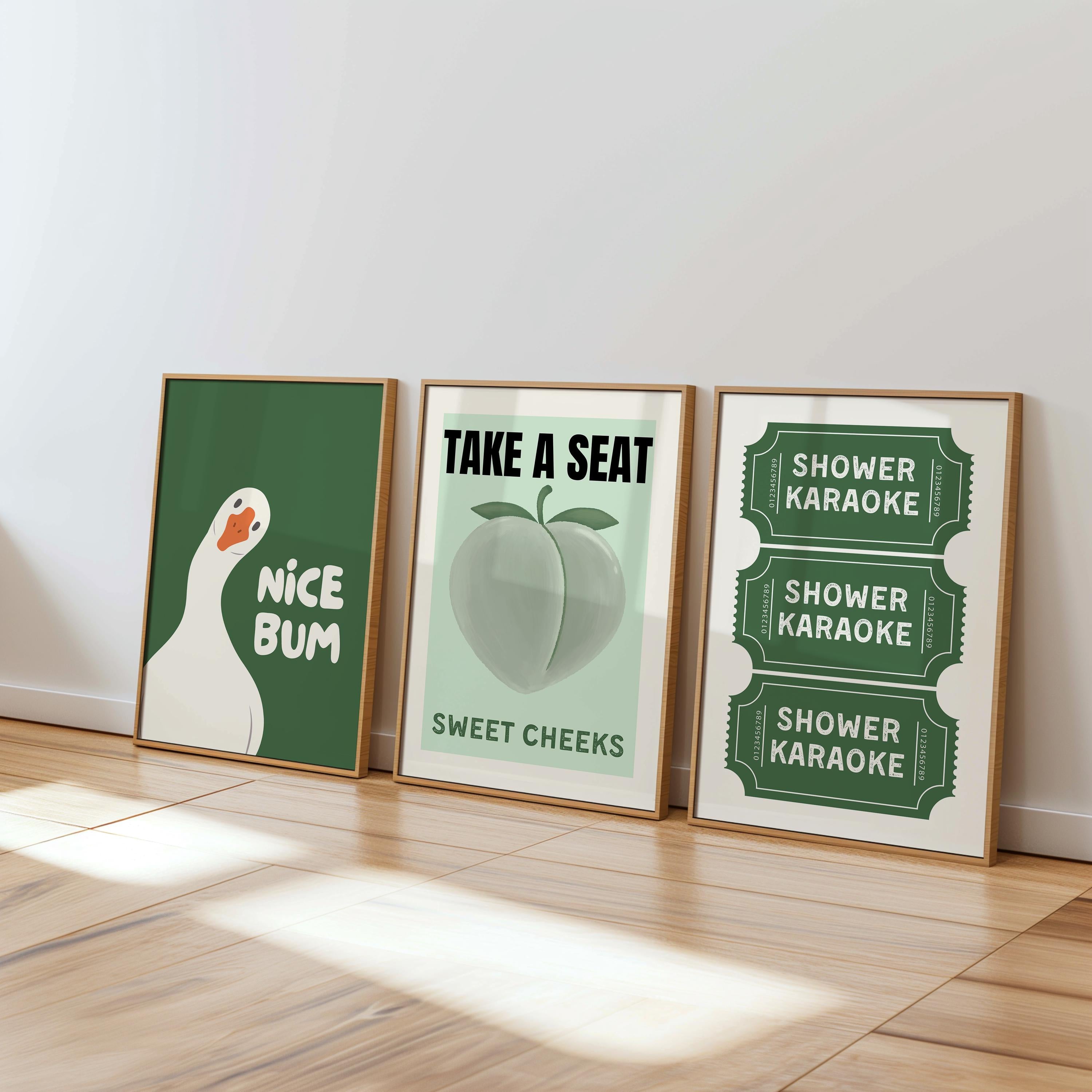 Funny Bathroom Wall Art Set of 3, Nice Bum Goose Print, Take a Seat Peach Poster, Shower Karaoke Tickets, Quirky Toilet Decor, DIGITAL
