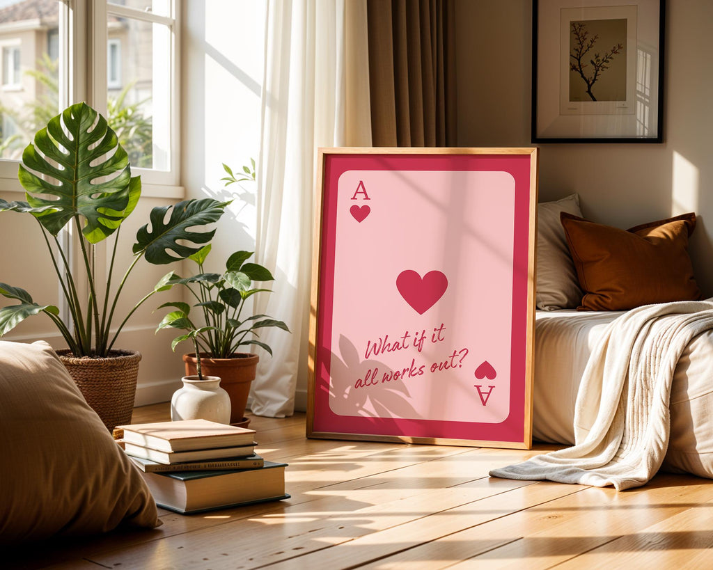 What If It All Works Out Trendy Wall Art Print, Retro Playing Card, Pink & Red Preppy Poster, Printable Ace of Hearts, Pink Dorm Room Decor