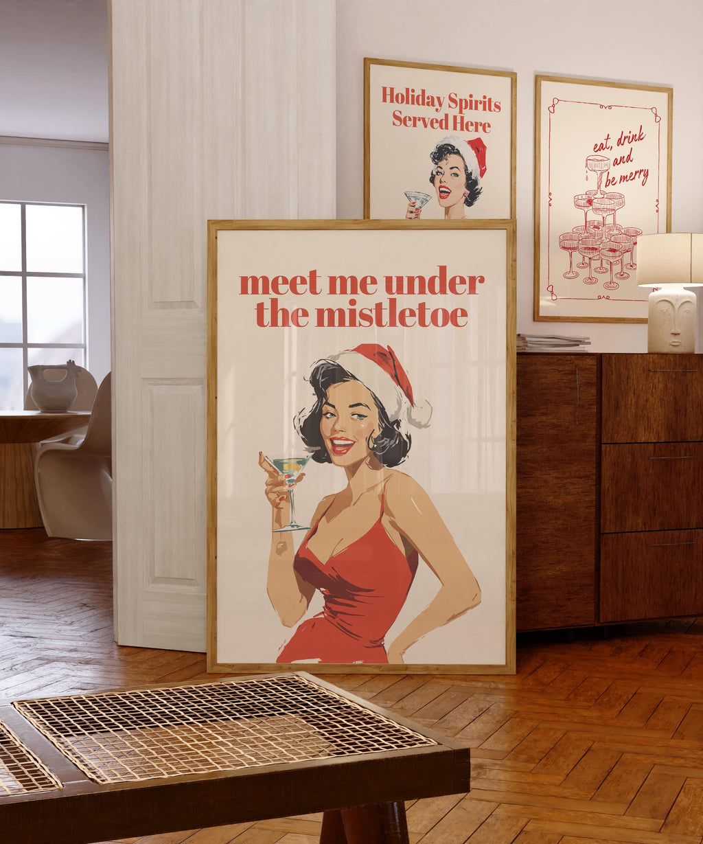 Meet Me Under The Mistletoe, Funny Retro Christmas Wall Art Print, Pin Up Holiday Cocktail Poster, Vintage Santa Bar Cart Decor DIGITAL