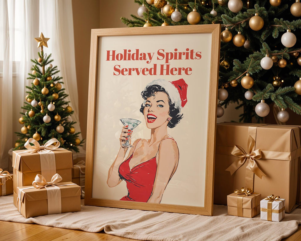 Holiday Spirits Served Here Print, Funny Retro Christmas Wall Art, Pin Up Cocktail Poster, Vintage Santa Holiday Bar Cart Decor Gift DIGITAL