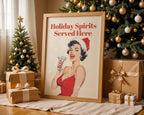 Holiday Spirits Served Here Print, Funny Retro Christmas Wall Art, Pin Up Cocktail Poster, Vintage Santa Holiday Bar Cart Decor Gift DIGITAL