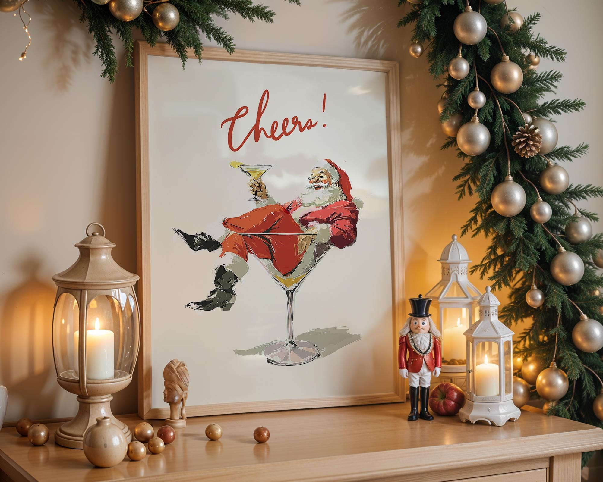 Cheers Santa Claus Poster, Funny Retro Christmas Wall Art, Vintage Holiday Cocktail Print, Santa Martini Bar Cart Decor Gift DIGITAL