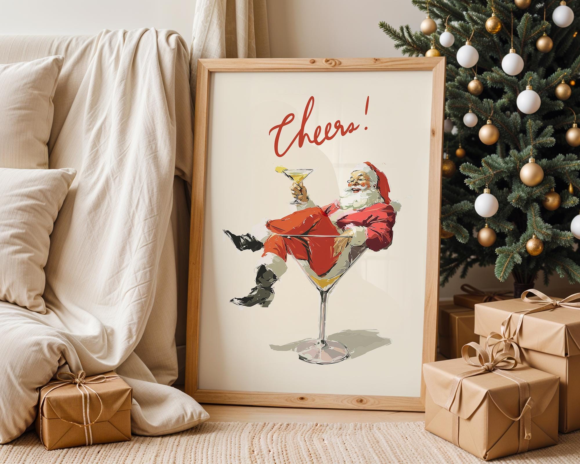 Cheers Santa Claus Poster, Funny Retro Christmas Wall Art, Vintage Holiday Cocktail Print, Santa Martini Bar Cart Decor Gift DIGITAL