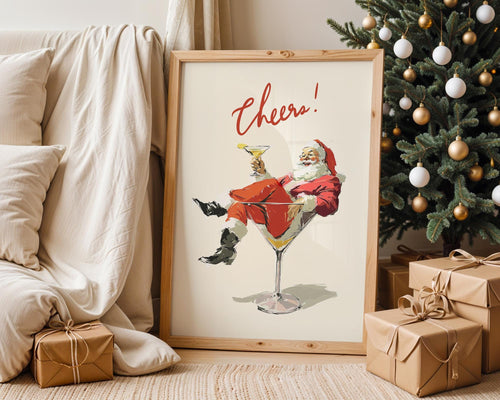 Cheers Santa Claus Poster, Funny Retro Christmas Wall Art, Vintage Holiday Cocktail Print, Santa Martini Bar Cart Decor Gift DIGITAL