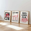 Trendy Cin Cin Cheers Print Set of 3, Retro Happy Hour Poster, Pasta Lovers Food Print, Black Bar Cart Art Print, Maximalist Kitchen Print