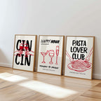 Trendy Cin Cin Cheers Print Set of 3, Retro Happy Hour Poster, Pasta Lovers Food Print, Black Bar Cart Art Print, Maximalist Kitchen Print