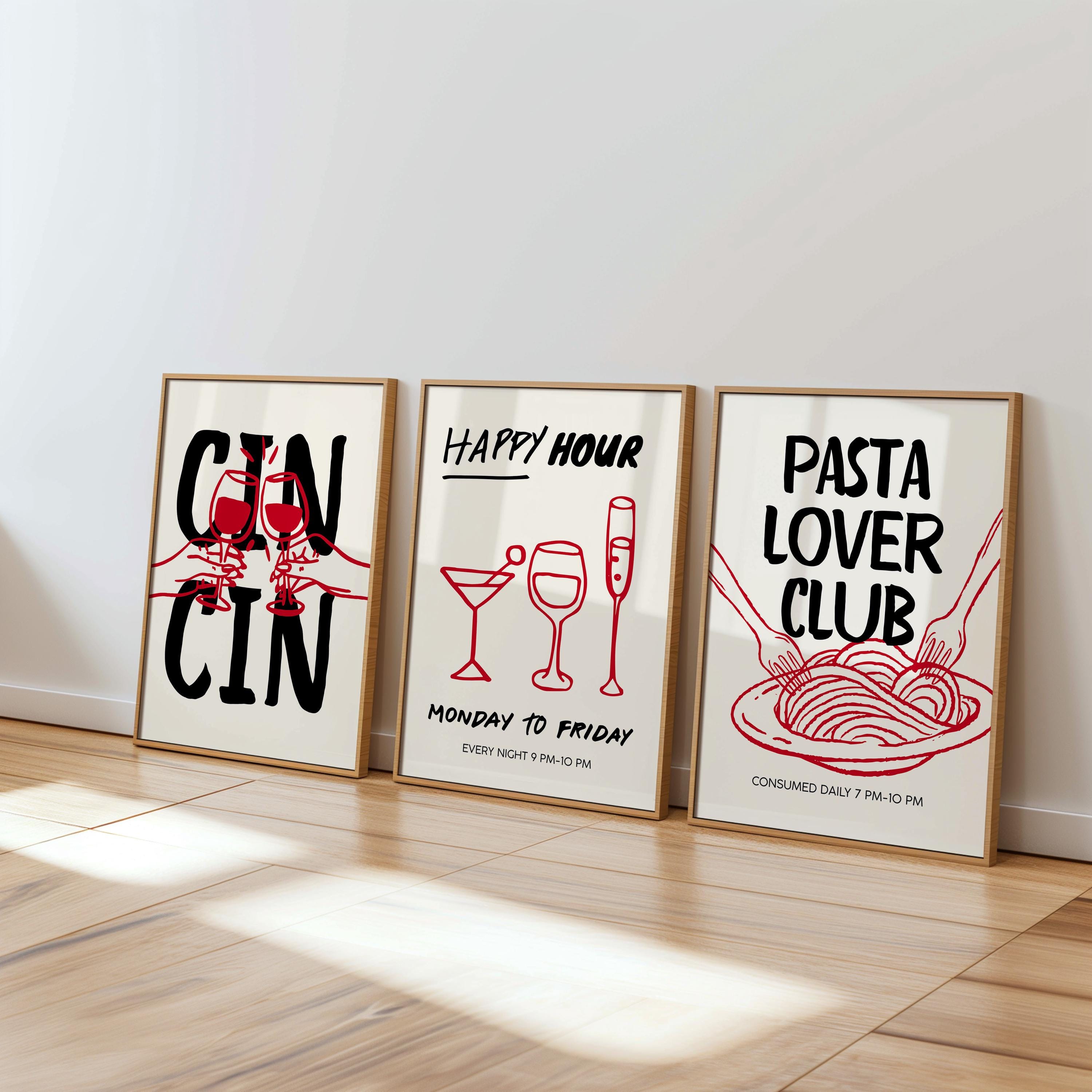 Trendy Cin Cin Cheers Print Set of 3, Retro Happy Hour Poster, Pasta Lovers Food Print, Black Bar Cart Art Print, Maximalist Kitchen Print