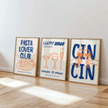 Set of 3 Kitchen Wall Art, Trendy Cin Cin Cheers Print, Retro Happy Hour Poster, Pasta Lover Food Print, Fun Bar Cart Gift DIGITAL DOWNLOAD