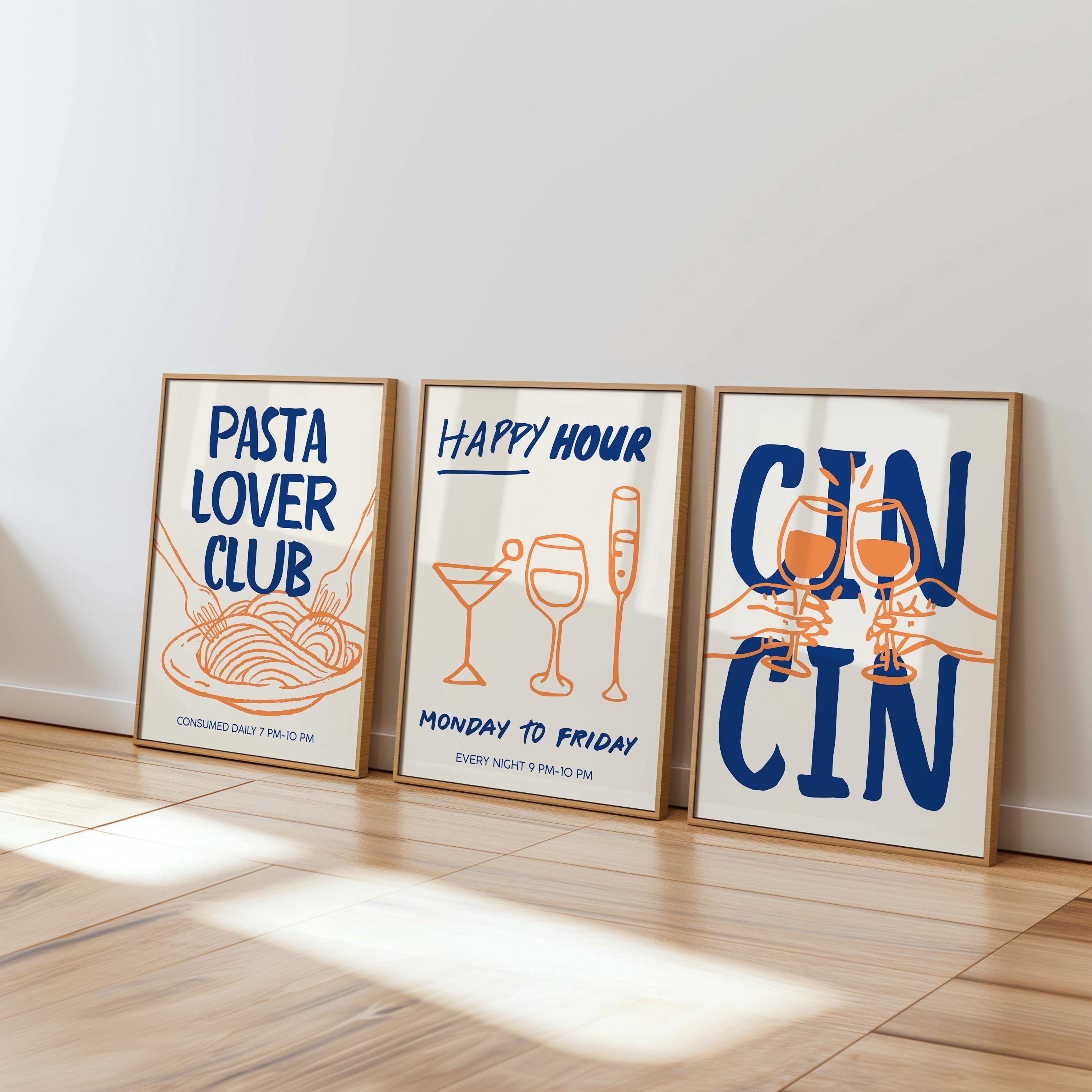 Set of 3 Kitchen Wall Art, Trendy Cin Cin Cheers Print, Retro Happy Hour Poster, Pasta Lover Food Print, Fun Bar Cart Gift DIGITAL DOWNLOAD