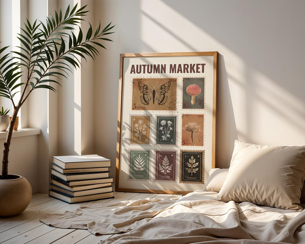 Autumn Market Sign Fall Stamps Print, Fall wall art, Rustic fall Print, Fall Farmhouse, Retro Autumn Artwork Trendy Vintage Stamp Collection