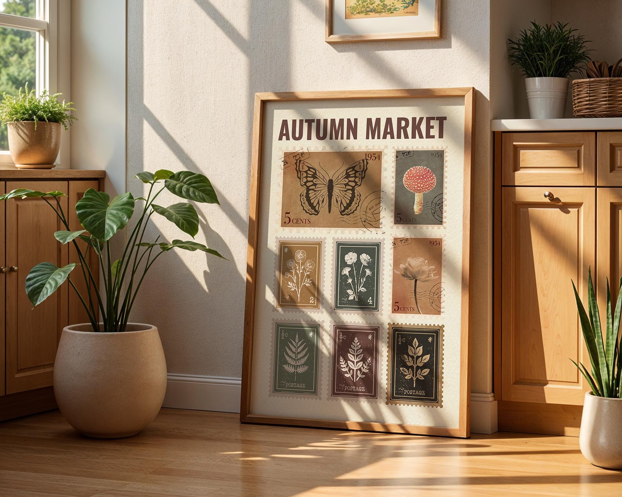 Autumn Market Sign Fall Stamps Print, Fall wall art, Rustic fall Print, Fall Farmhouse, Retro Autumn Artwork Trendy Vintage Stamp Collection