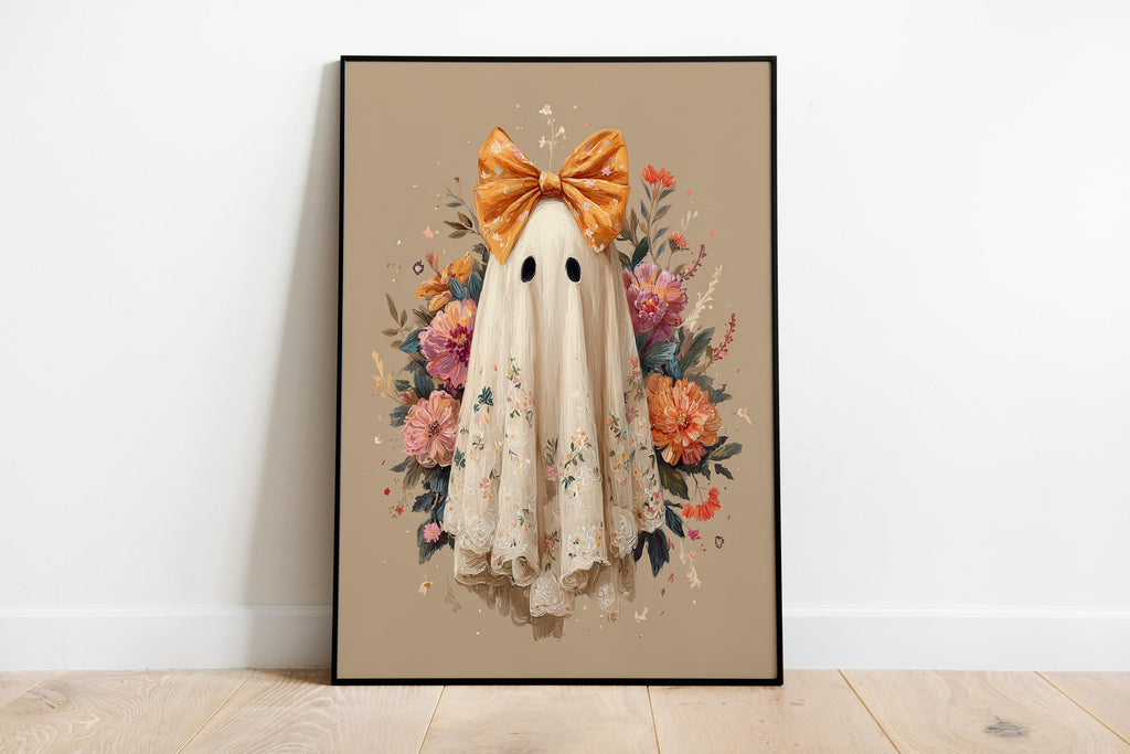 Cute Halloween Ghost Print, Halloween Wall Art, Fall Floral Spooky Room Decor Printable, Halloween Dorm Room Decor, Ghost with bow Print