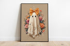 Cute Halloween Ghost Print, Halloween Wall Art, Fall Floral Spooky Room Decor Printable, Halloween Dorm Room Decor, Ghost with bow Print