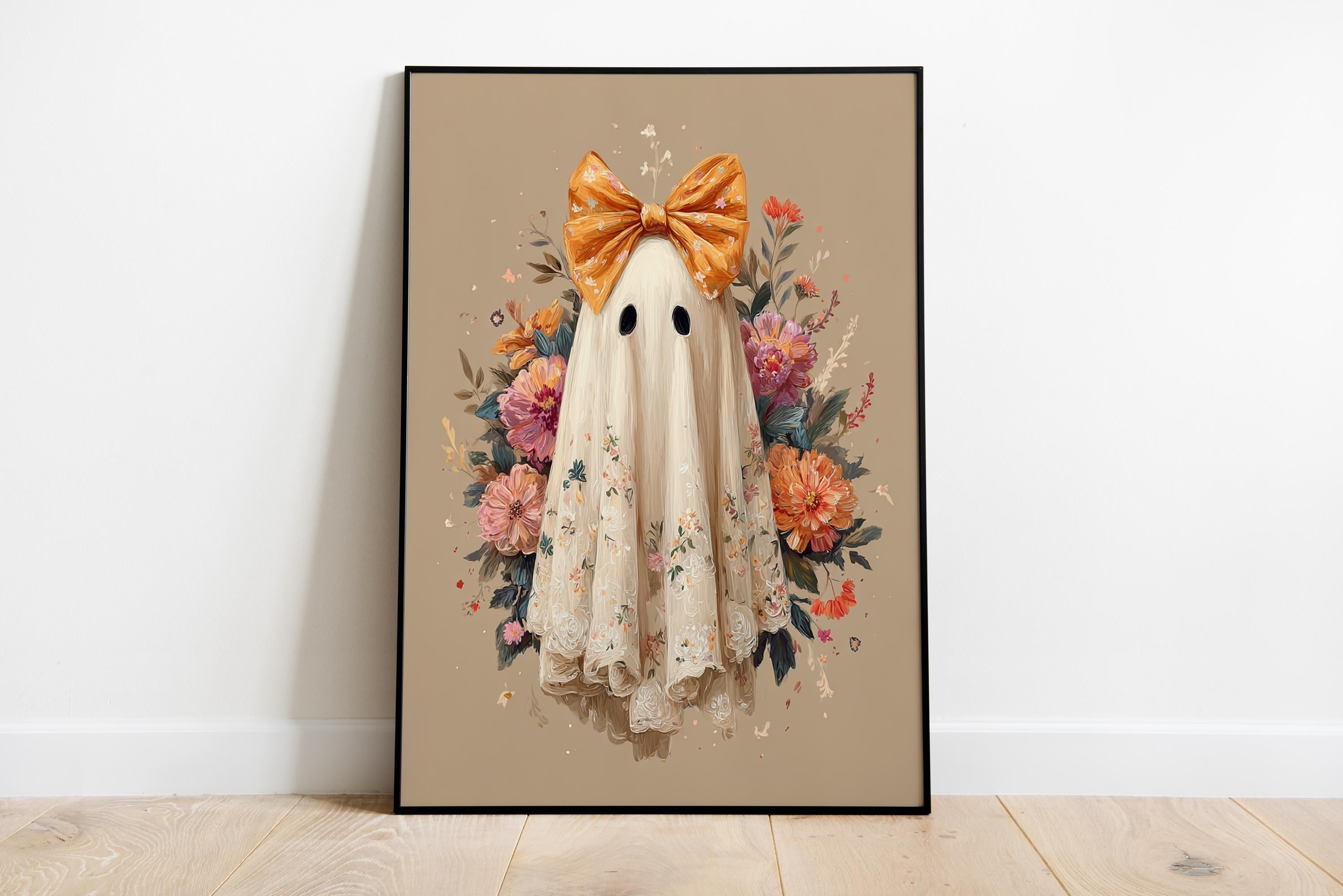 Cute Halloween Ghost Print, Halloween Wall Art, Fall Floral Spooky Room Decor Printable, Halloween Dorm Room Decor, Ghost with bow Print