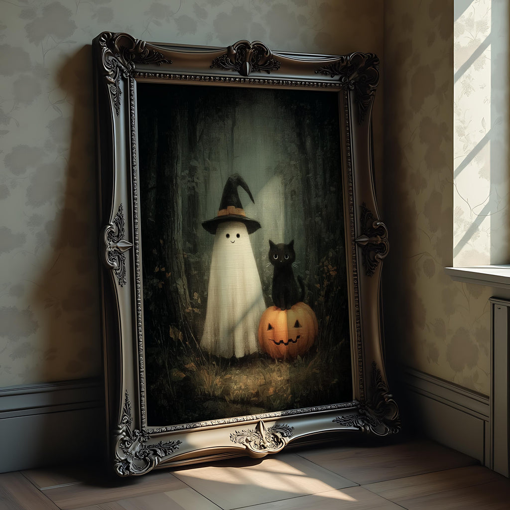 Smiling Ghost and Black Cat in Dark Forest Print, Printable Vintage Halloween Wall Art, Dark Academia Room Decor Halloween DIGITAL DOWNLOAD