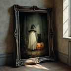 Smiling Ghost and Black Cat in Dark Forest Print, Printable Vintage Halloween Wall Art, Dark Academia Room Decor Halloween DIGITAL DOWNLOAD