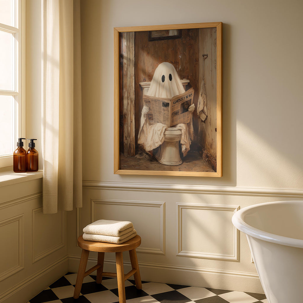 Ghost on Toilet Print, Funny Halloween Bathroom Decor, Halloween DIGITAL Wall Art, Cute Ghost Poster, Ghost Digital Download, Bathroom Print