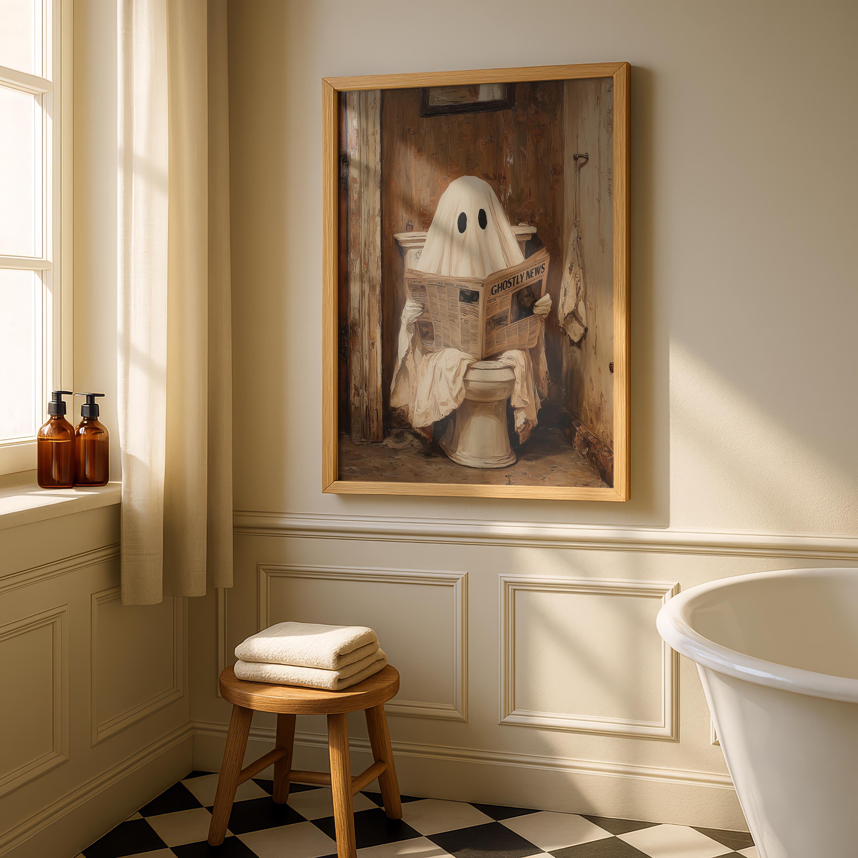 Ghost on Toilet Print, Funny Halloween Bathroom Decor, Halloween DIGITAL Wall Art, Cute Ghost Poster, Ghost Digital Download, Bathroom Print