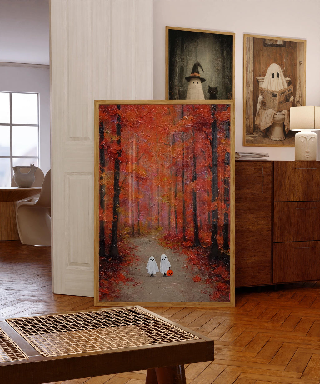 Two Little Ghosts in Autumn Forest Vintage Painting, Country Fall Decor, Spooky Cute Ghost Fall Print, Halloween Printable Wall Art, DIGITAL