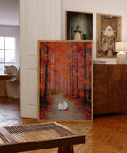 Two Little Ghosts in Autumn Forest Vintage Painting, Country Fall Decor, Spooky Cute Ghost Fall Print, Halloween Printable Wall Art, DIGITAL