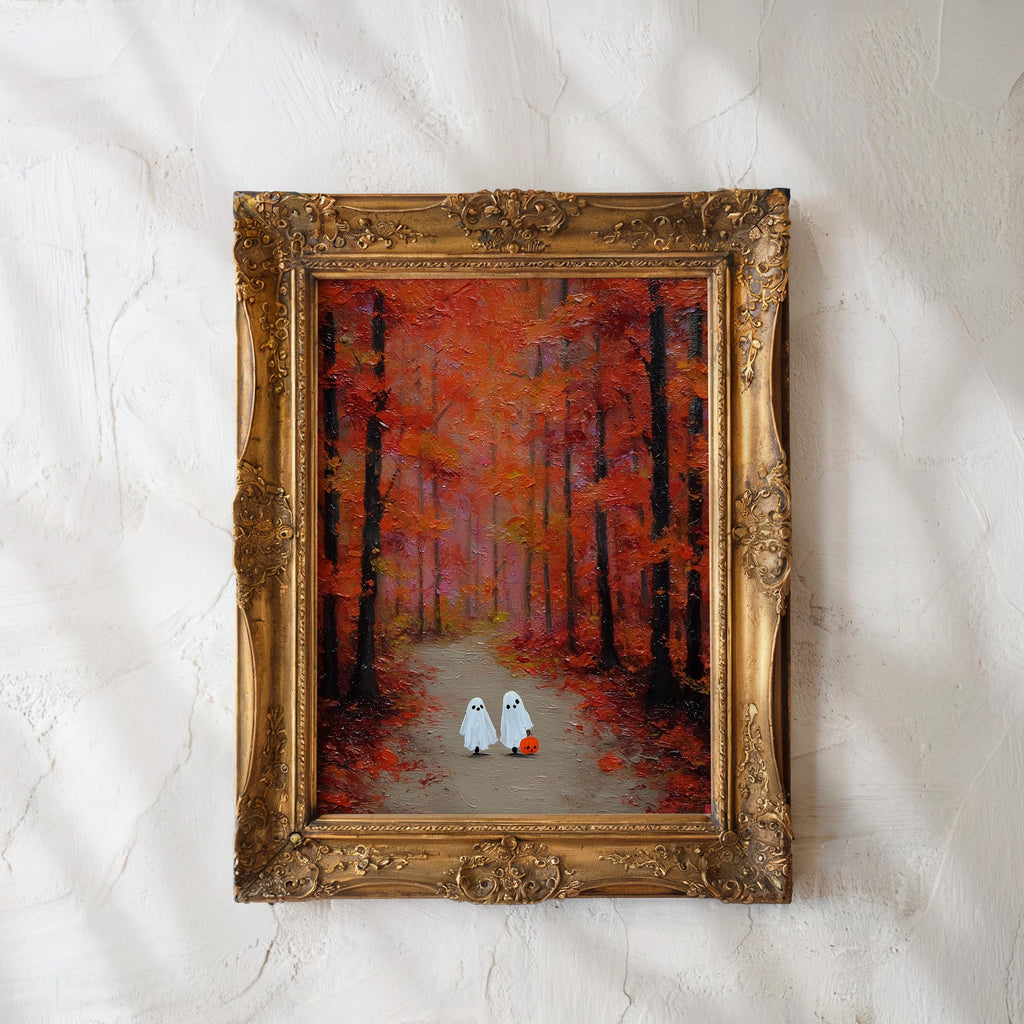 Two Little Ghosts in Autumn Forest Vintage Painting, Country Fall Decor, Spooky Cute Ghost Fall Print, Halloween Printable Wall Art, DIGITAL