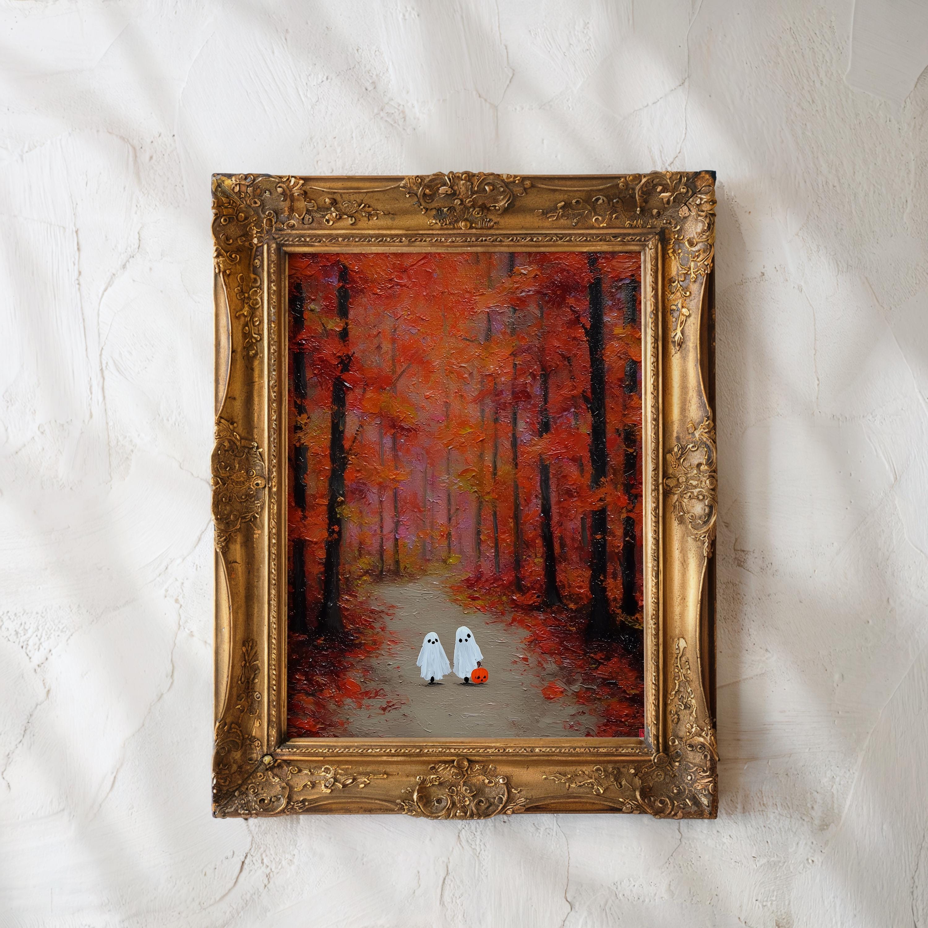 Two Little Ghosts in Autumn Forest Vintage Painting, Country Fall Decor, Spooky Cute Ghost Fall Print, Halloween Printable Wall Art, DIGITAL