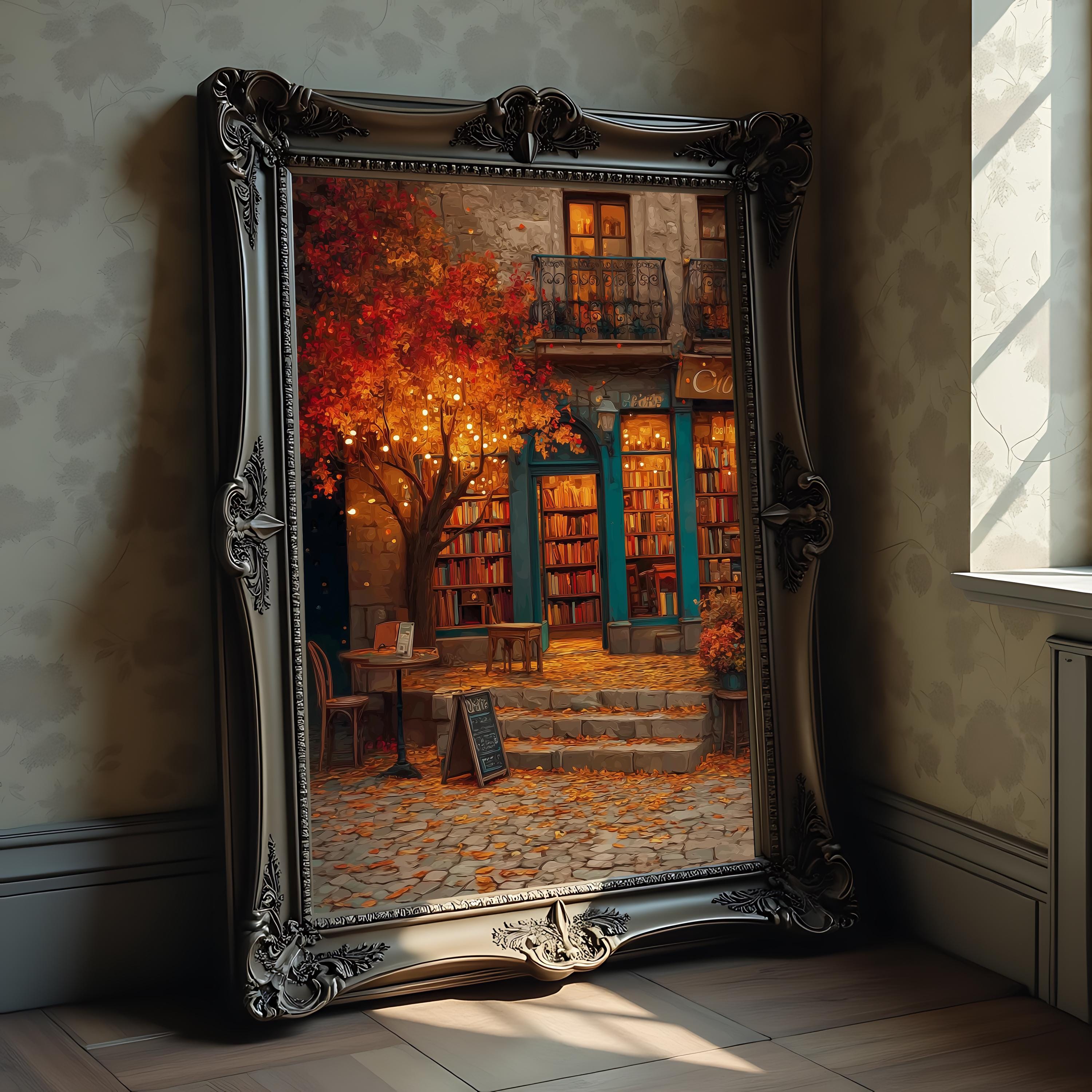Autumn Bookstore Print Cozy Fall Bookshop Print Autumn Reading Art Print Halloween Bookshop Pinkoween Booklover Gift DIGITAL DOWNLOAD