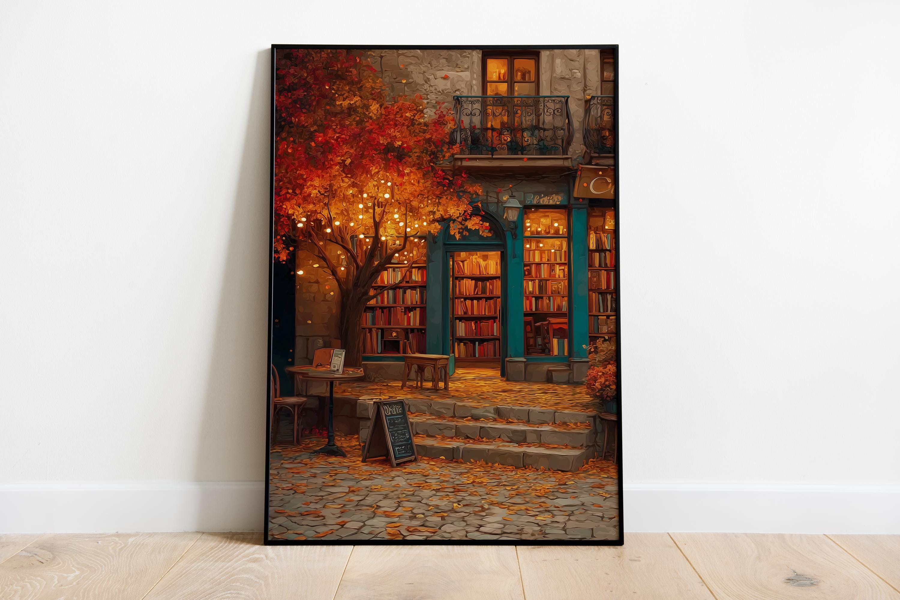 Autumn Bookstore Print Cozy Fall Bookshop Print Autumn Reading Art Print Halloween Bookshop Pinkoween Booklover Gift DIGITAL DOWNLOAD