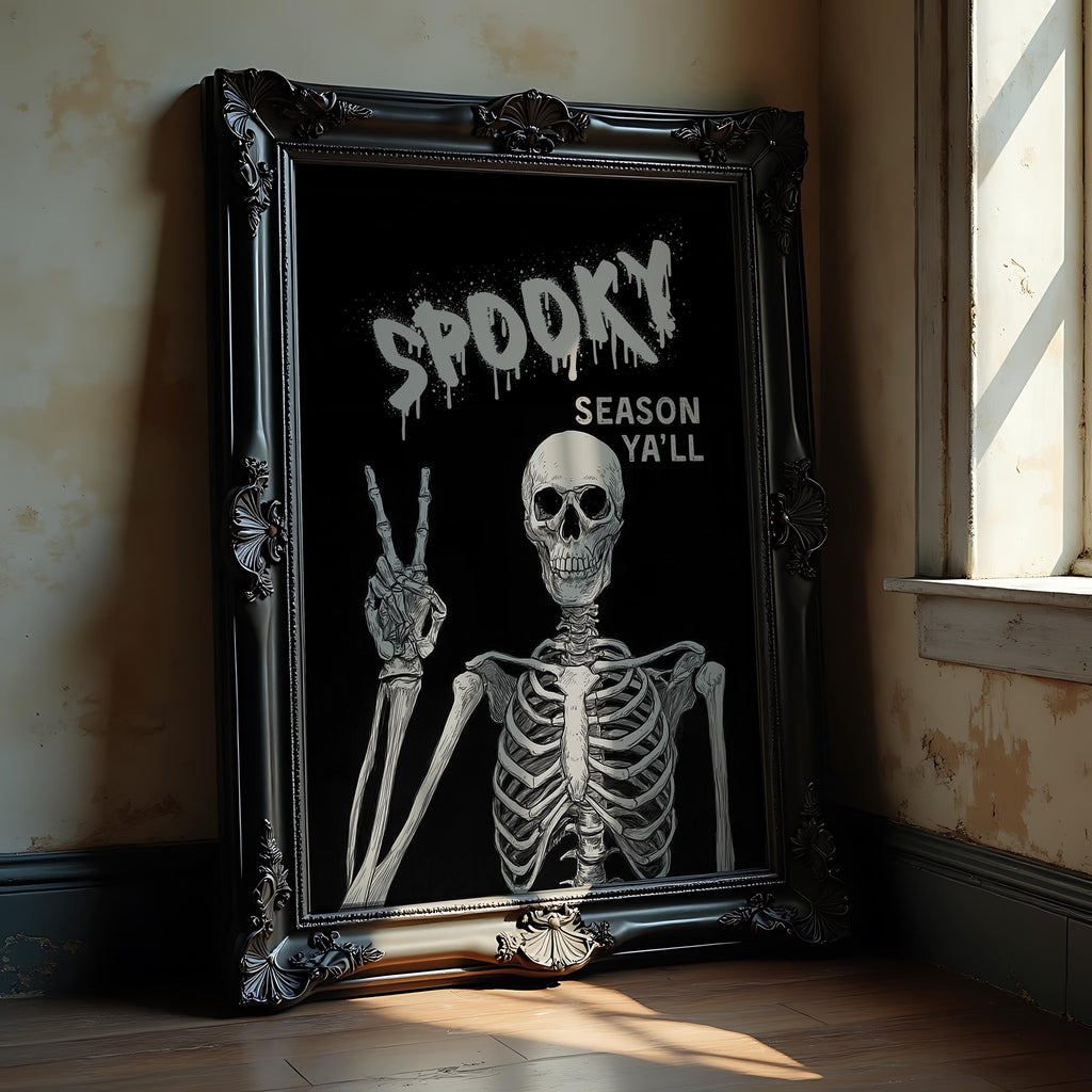 Spooky Season Wall Art, Halloween Skeleton Print, Gothic Skull Poster, Creepy Horror Wall Decor, Dark Aesthetic Printable Digital Download