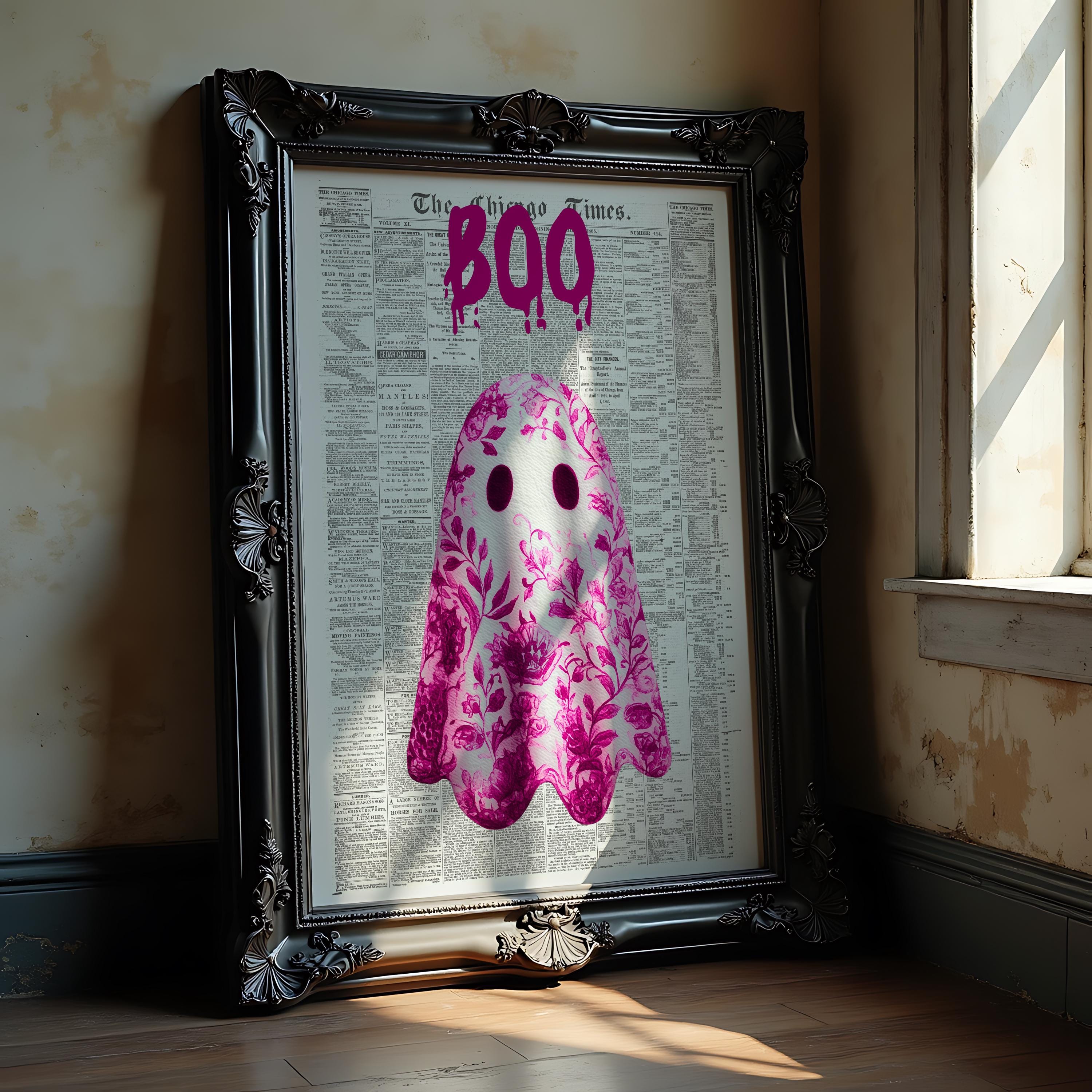 Pink Ghost Newspaper Wall Art Printable Pink Cute Halloween Decor Spooky Wall Print French Country Art Ghost Illustration Gothic Art Trendy
