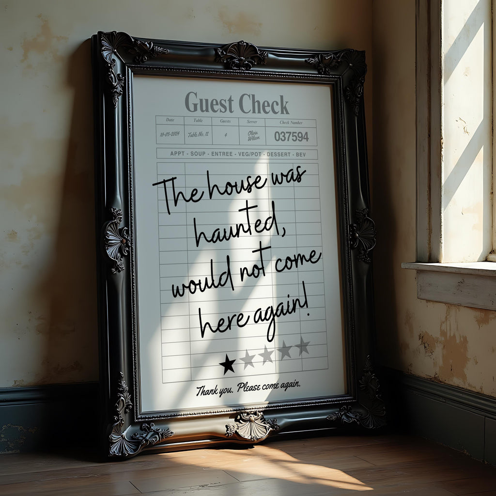 Funny Haunted House Guest Check Print, Spooky Wall Art, 1 Star Review Poster, Trendy Halloween Home Decor, Ghostly Dorm Room Decor, DIGITAL